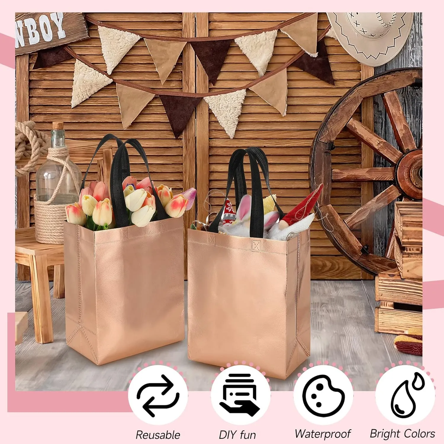 Eccliy 80 Pieces Gift Bags Set Glossy Reusable Tote with Handles Grocery Bags Bulk for Wedding, Bachelorette Party, Christmas(Medium,Champagne)
