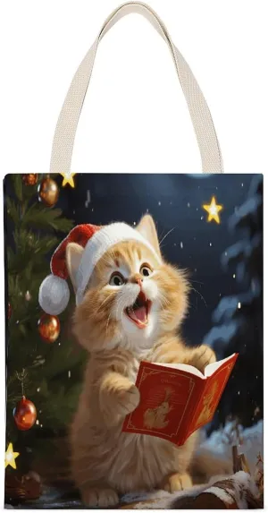 Economical Cotton Tote Bag,Cute Cat Sing Christmas Carols Print Tote Bag,canvas Tote Bags,multi-purpose Reusable Canvas Bags