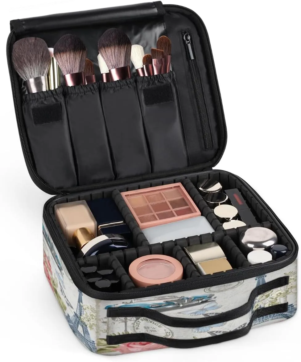 Eiffel Tower Cars Makeup Train Case Travel Makeup Bag Professional Cosmetic Organizer Portable Storage Box with Adjustable Dividers for Cosmetics Makeup Brushes Toiletry