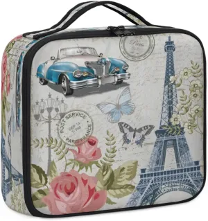 Eiffel Tower Cars Makeup Train Case Travel Makeup Bag Professional Cosmetic Organizer Portable Storage Box with Adjustable Dividers for Cosmetics Makeup Brushes Toiletry