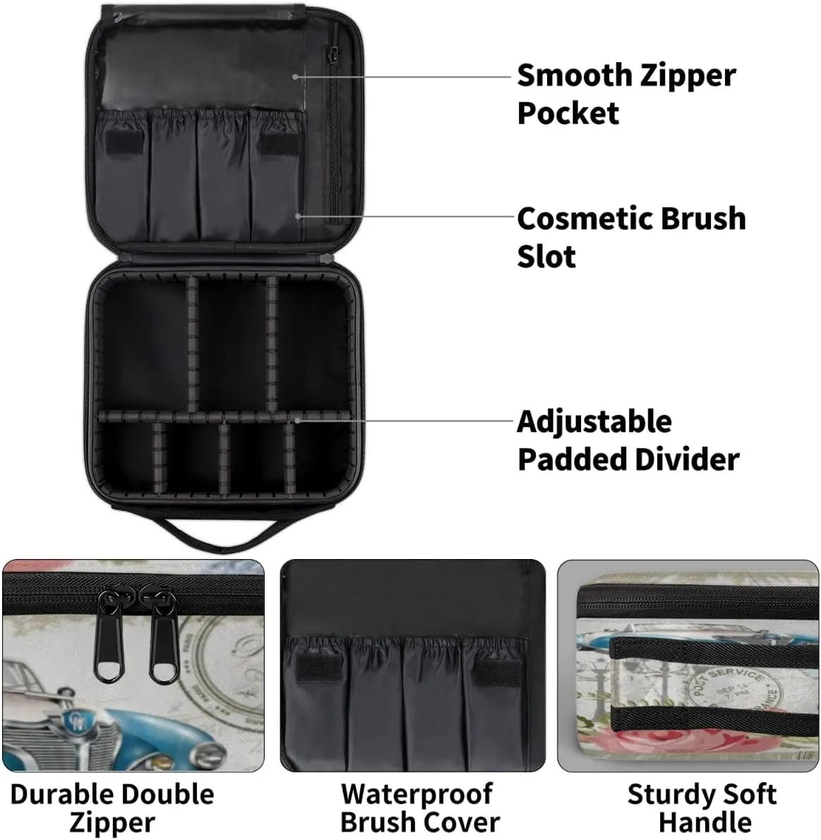 Eiffel Tower Cars Makeup Train Case Travel Makeup Bag Professional Cosmetic Organizer Portable Storage Box with Adjustable Dividers for Cosmetics Makeup Brushes Toiletry