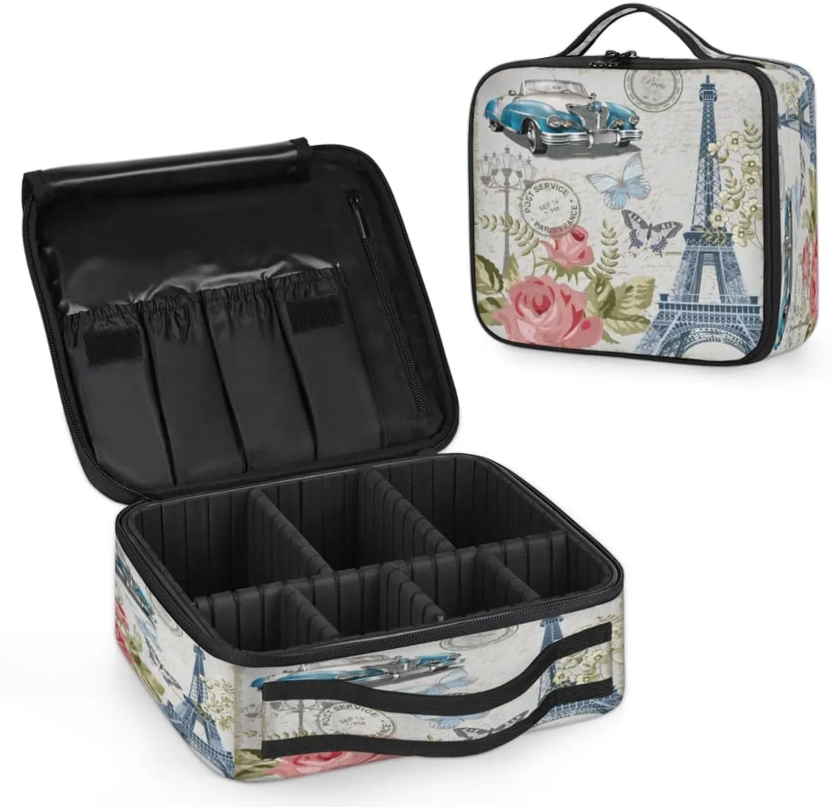 Eiffel Tower Cars Makeup Train Case Travel Makeup Bag Professional Cosmetic Organizer Portable Storage Box with Adjustable Dividers for Cosmetics Makeup Brushes Toiletry