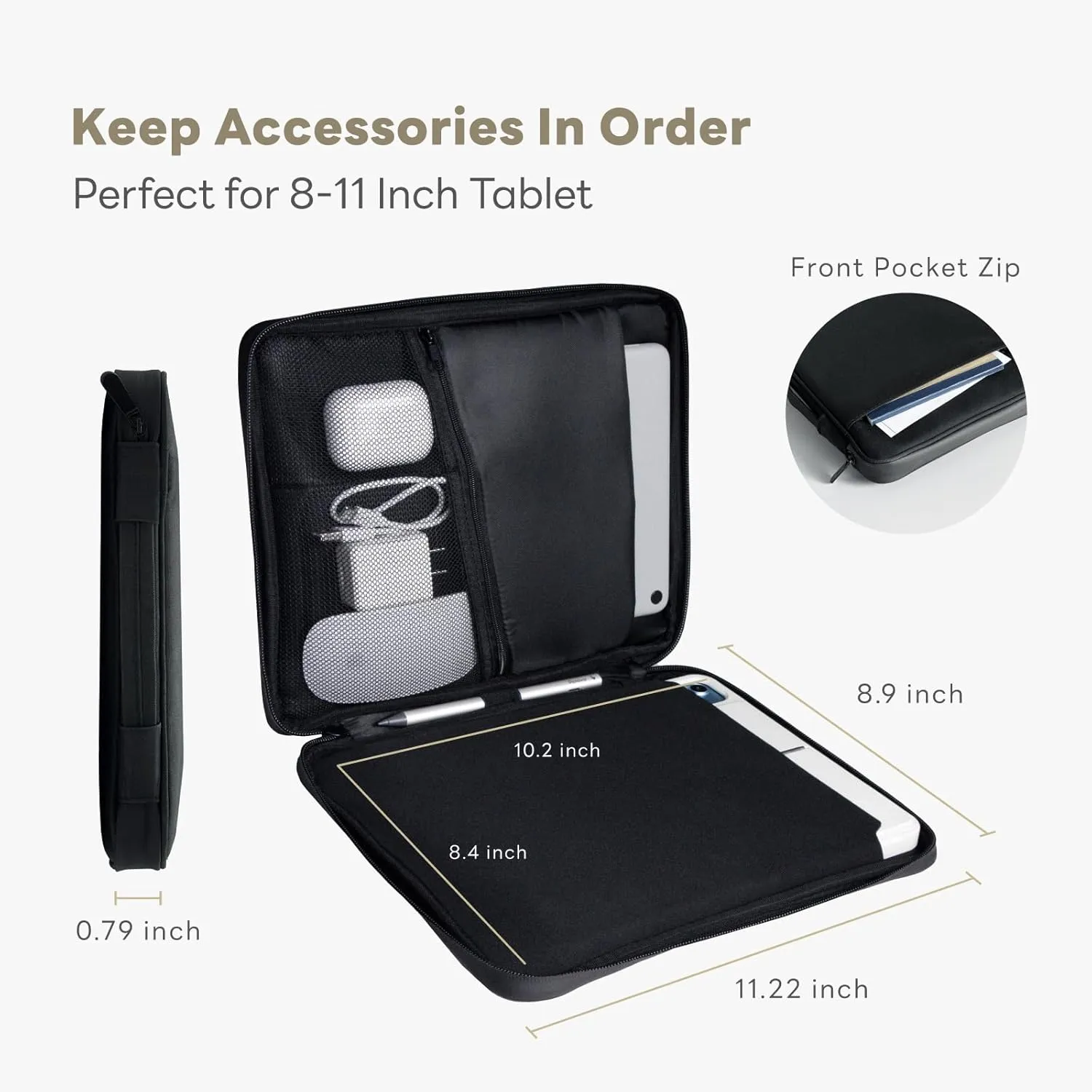 eiP 8-11 inch Waterproof Slim Tablet Carring Case with Handle Sleeve Bag for iPad Pro 11 inch/iPad 7/8/9 10.2 inch/iPad Air 5,4 10.9 inch/Pixel Tablet/Samsung Tab, Fit Keyboard and Pen, Black