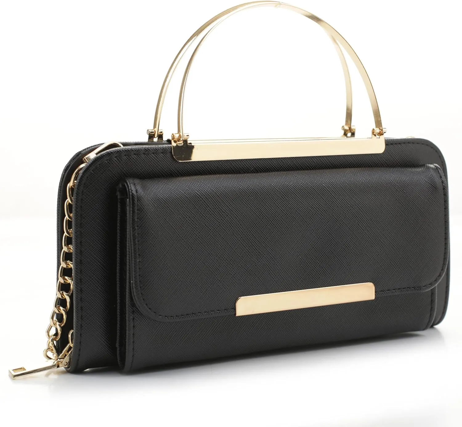 Elegant Crossbody Cell Phone Wallet on Chain Purse with Metal Bar and Top Handle Formal Evening Clutch