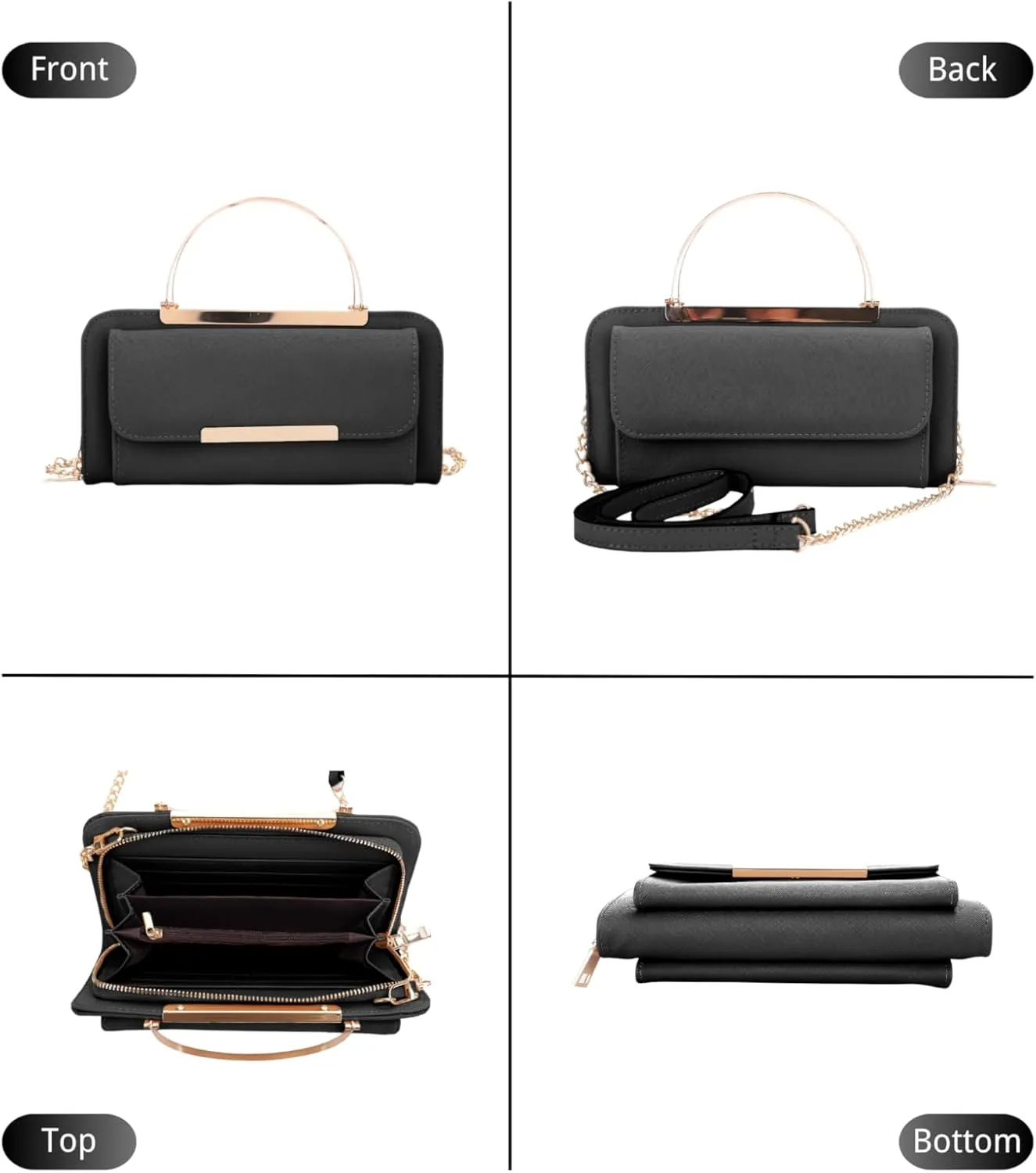 Elegant Crossbody Cell Phone Wallet on Chain Purse with Metal Bar and Top Handle Formal Evening Clutch