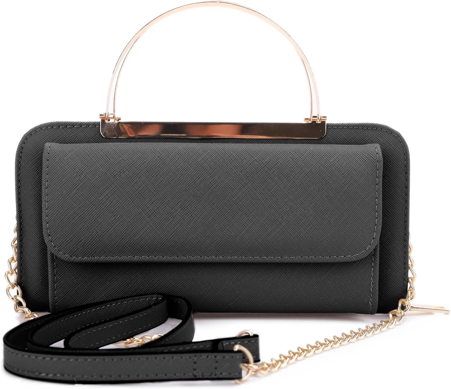 Elegant Crossbody Cell Phone Wallet on Chain Purse with Metal Bar and Top Handle Formal Evening Clutch