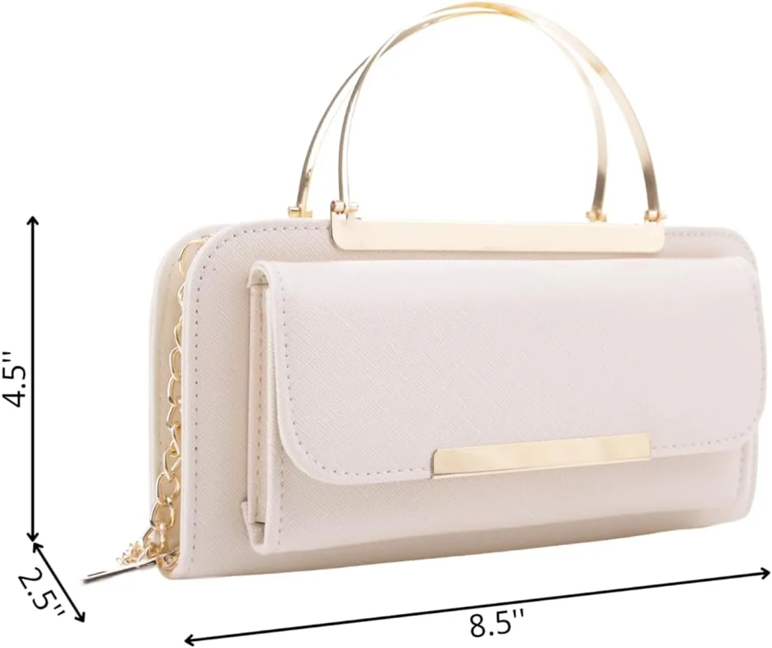 Elegant Crossbody Cell Phone Wallet on Chain Purse with Metal Bar and Top Handle Formal Evening Clutch