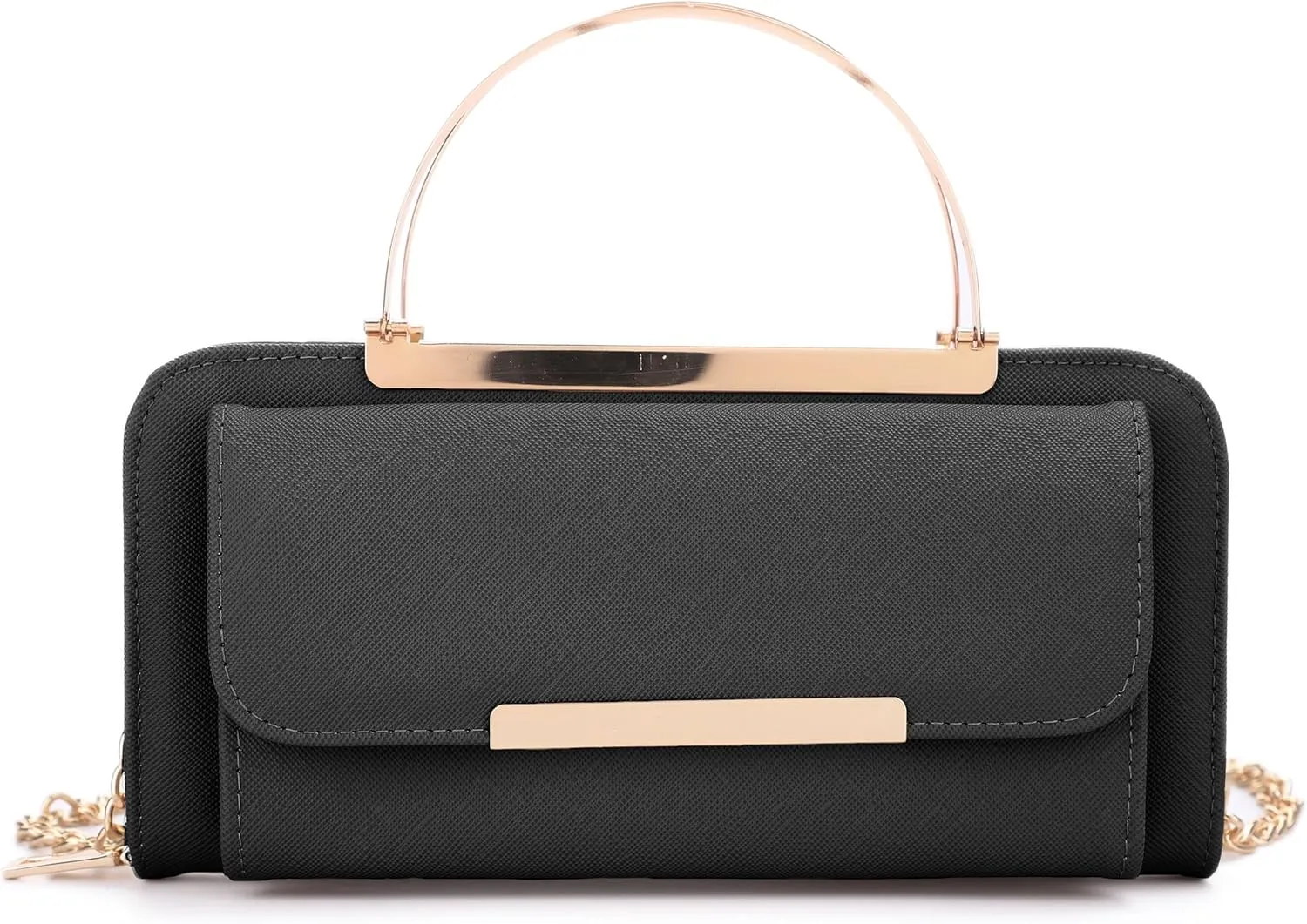 Elegant Crossbody Cell Phone Wallet on Chain Purse with Metal Bar and Top Handle Formal Evening Clutch