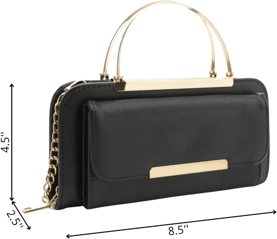 Elegant Crossbody Cell Phone Wallet on Chain Purse with Metal Bar and Top Handle Formal Evening Clutch