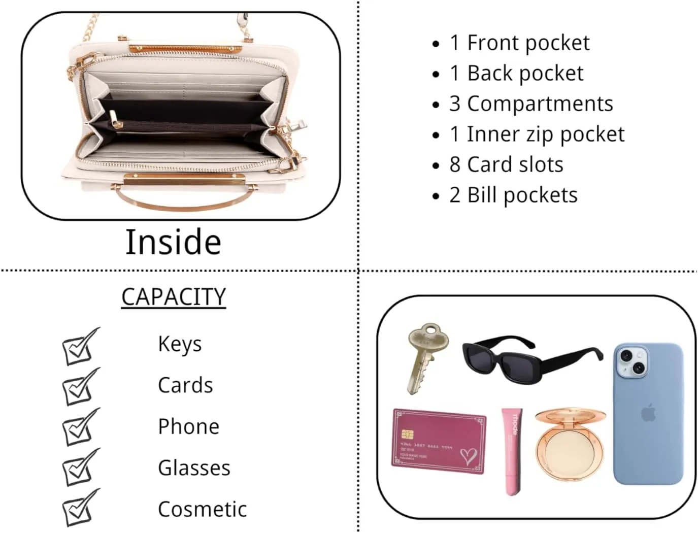 Elegant Crossbody Cell Phone Wallet on Chain Purse with Metal Bar and Top Handle Formal Evening Clutch