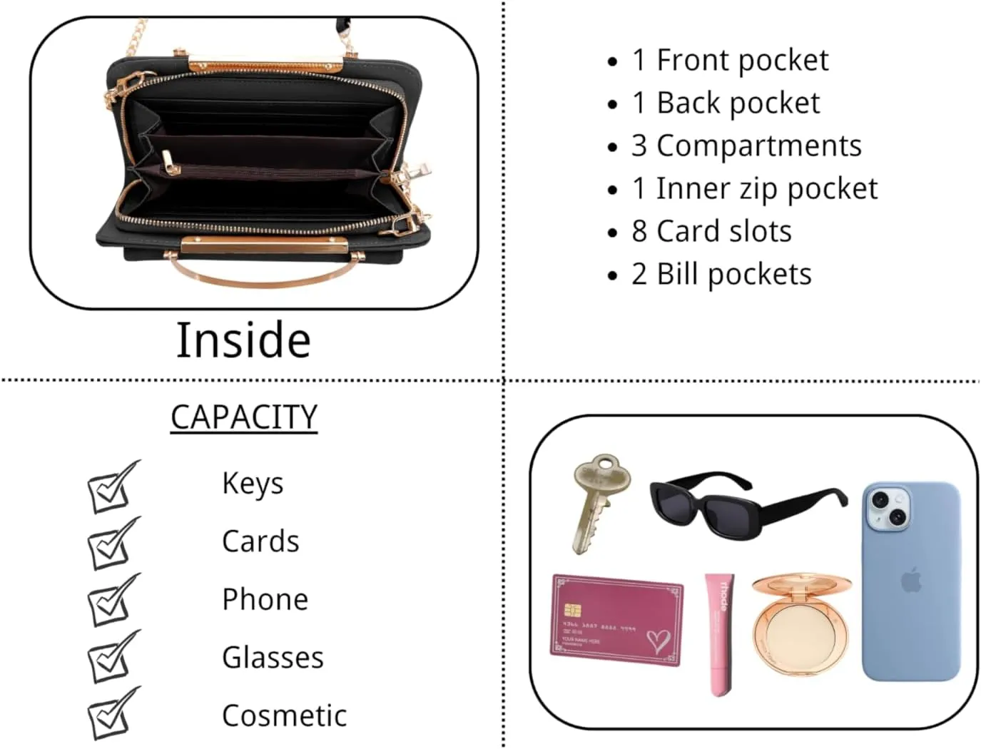 Elegant Crossbody Cell Phone Wallet on Chain Purse with Metal Bar and Top Handle Formal Evening Clutch