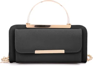Elegant Crossbody Cell Phone Wallet on Chain Purse with Metal Bar and Top Handle Formal Evening Clutch