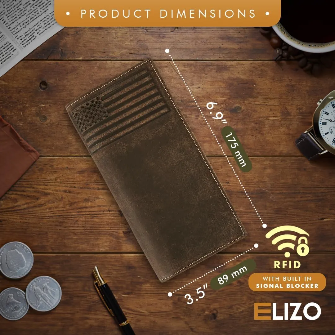 ELIZO Leather Long Wallet for Men Western Wallet Rodeo Mens Wallet Flat Bifold Wallets for Men Biker Billfold Wallet for Men Cowboy Wallet RFID Wallet for Men with Credit Card Holder