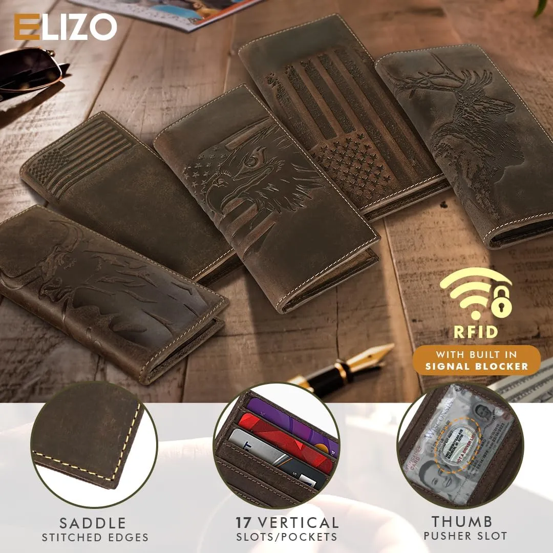 ELIZO Leather Long Wallet for Men Western Wallet Rodeo Mens Wallet Flat Bifold Wallets for Men Biker Billfold Wallet for Men Cowboy Wallet