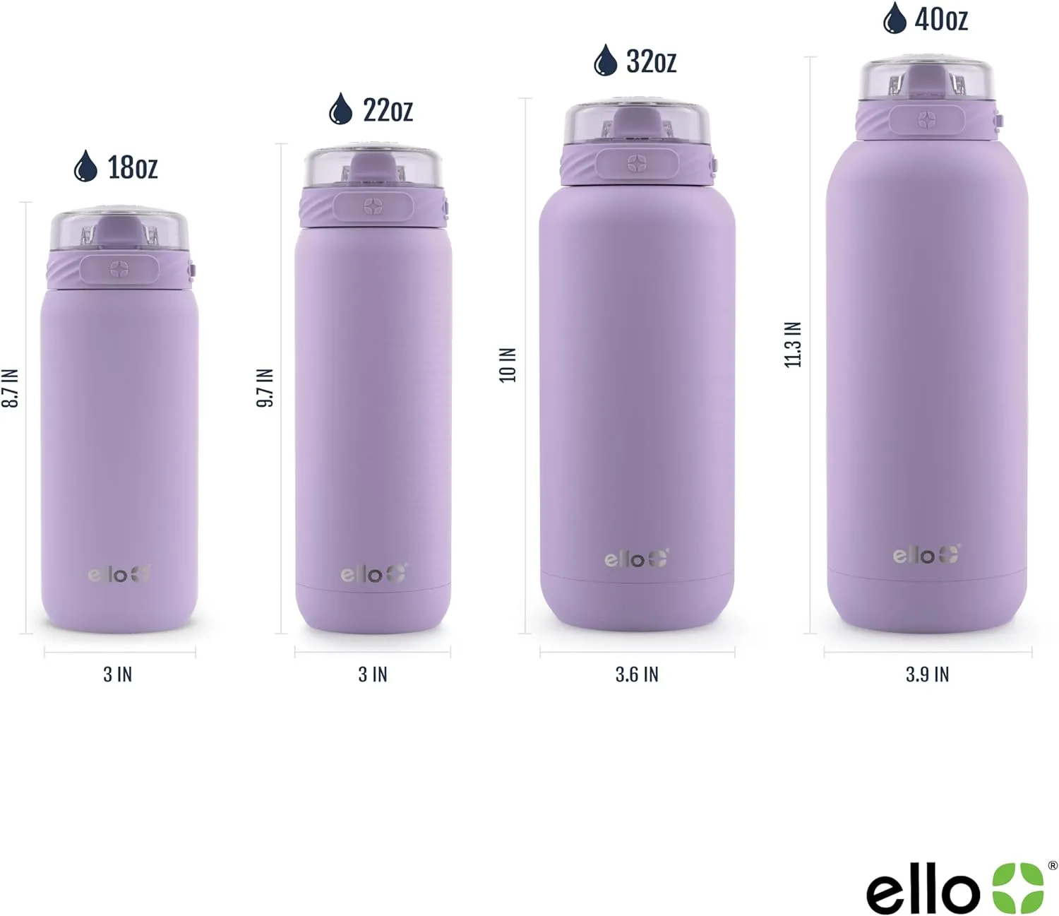 Ello Cooper 22oz Stainless Steel Water Bottle with Straw and Carry Handle, Double Walled and Vacuum Insulated Metal, Leak Proof Locking Lid with Soft Silicone Spout, Reusable, BPA Free, Lilac