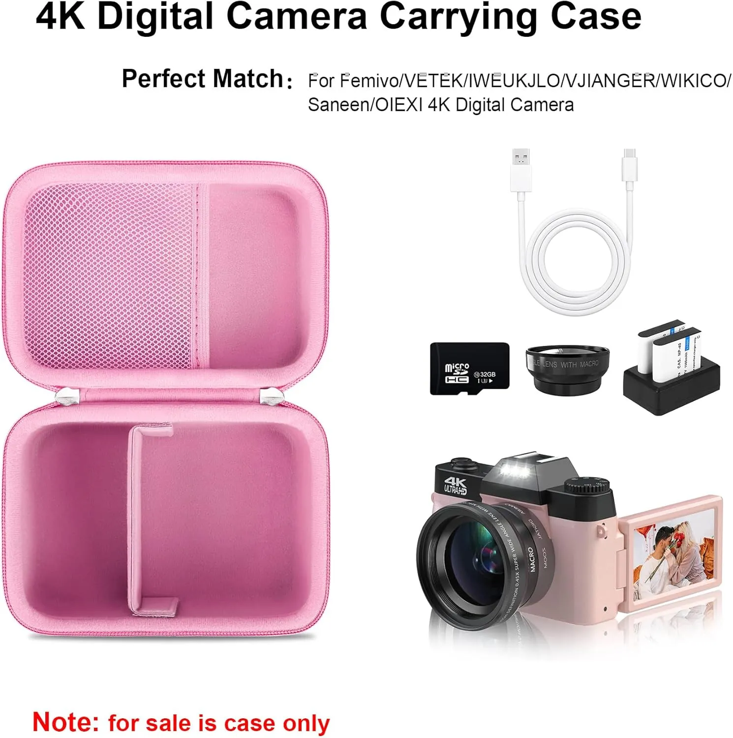 Elonbo 4K Digital Camera Carrying Case for Femivo/VETEK/IWEUKJLO/VJIANGER/WIKICO/Saneen/OIEXI 4K 48MP Vlogging Camera, Travel Compact Camera Storage Cover Bag Organizer Holder, Pink