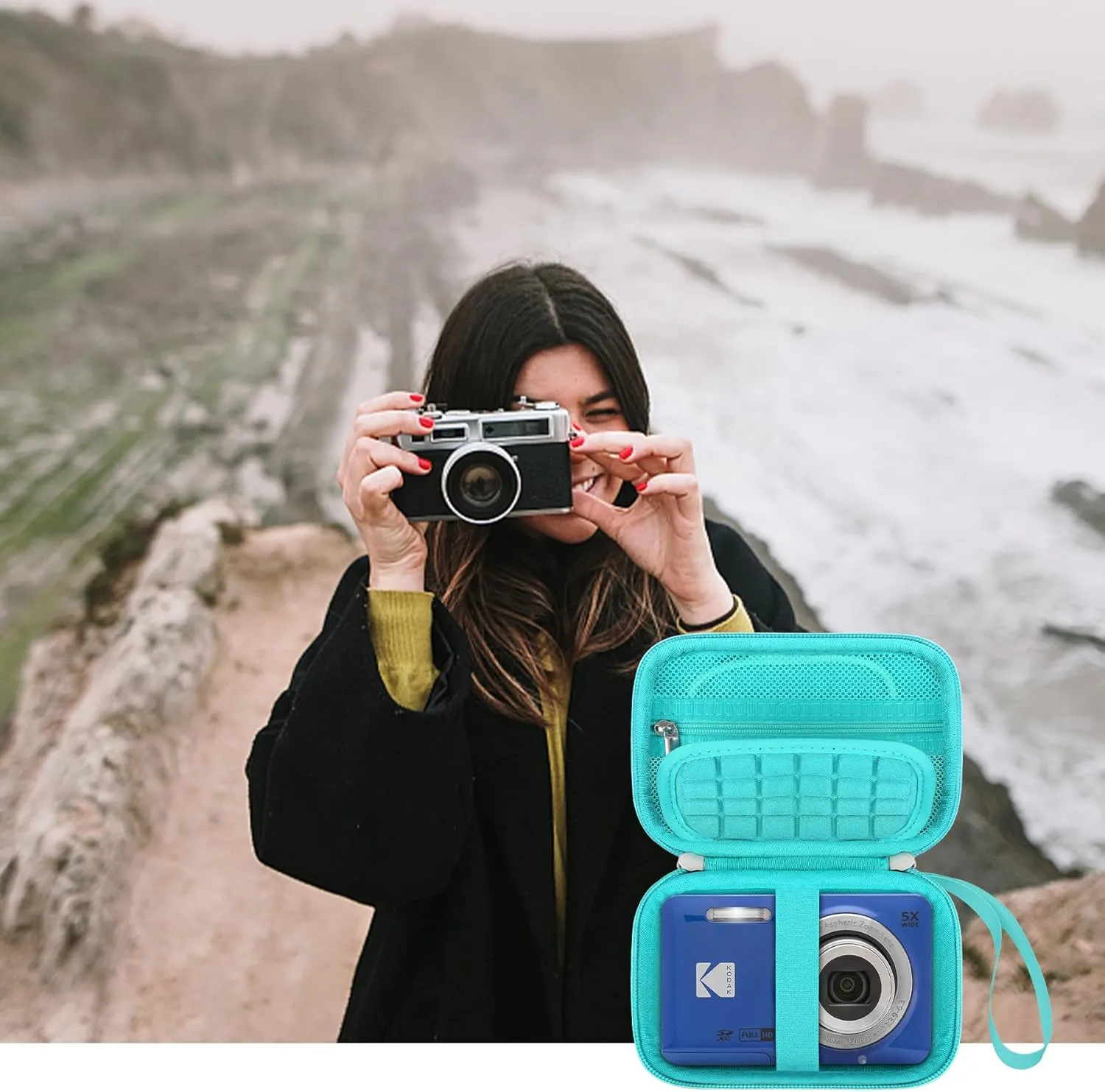 Elonbo Camera Carrying Case for KODAK PIXPRO FZ55 / FZ53 / FZ45 / FZ43 16MP Digital Camera, Vlogging Camera Storage Holder Travel Bag, ​Mesh Bag Fits Batteries, Cable, Memory Card, Card Reader, Green