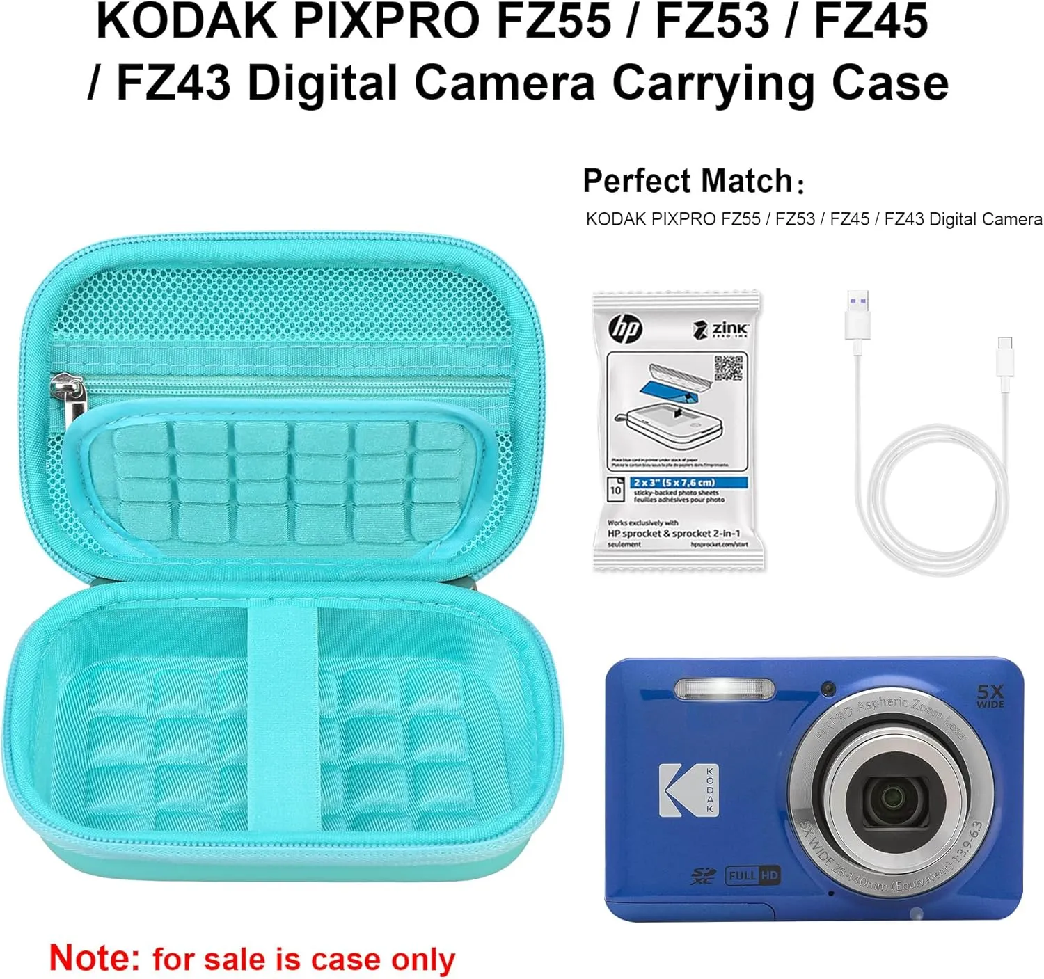 Elonbo Camera Carrying Case for KODAK PIXPRO FZ55 / FZ53 / FZ45 / FZ43 16MP Digital Camera, Vlogging Camera Storage Holder Travel Bag, ​Mesh Bag Fits Batteries, Cable, Memory Card, Card Reader, Green