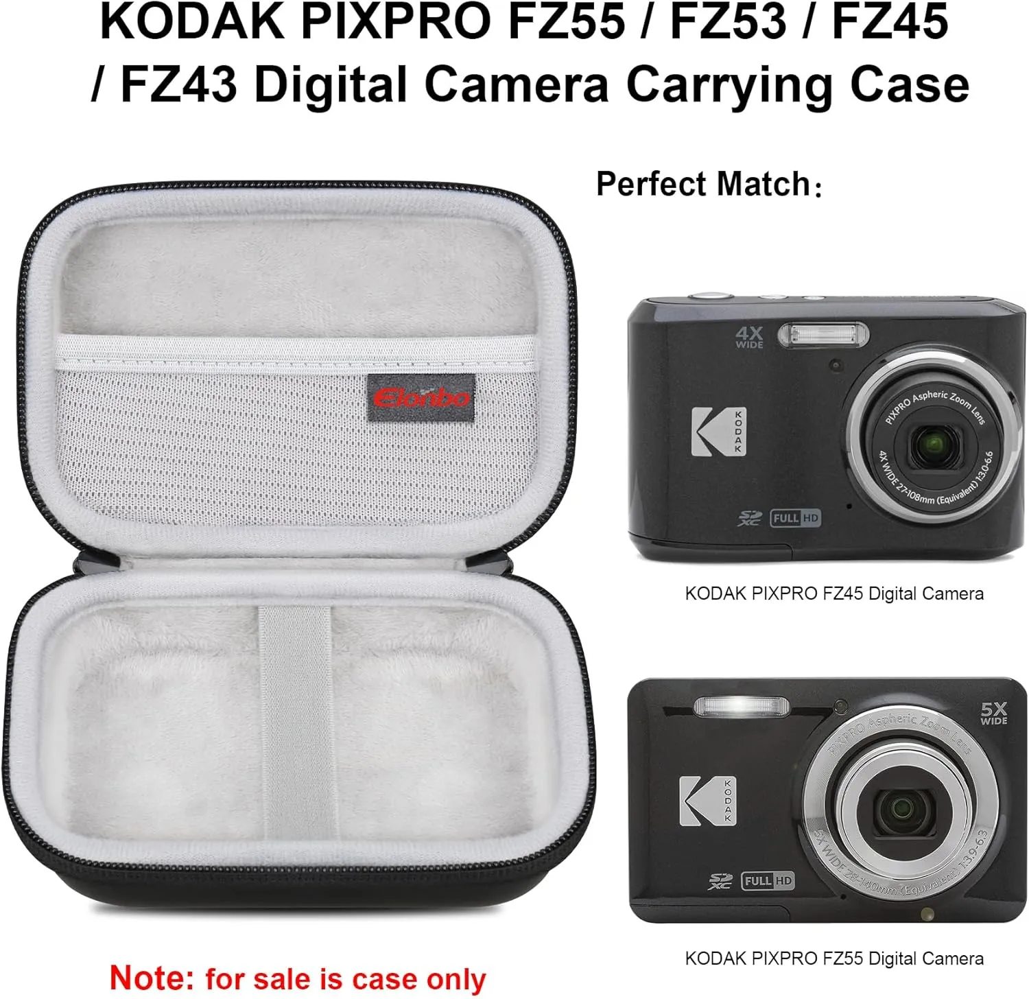 Elonbo Camera Carrying Case for KODAK PIXPRO FZ55 / FZ53 / FZ45 / FZ43 16MP Digital Camera, Vlogging Camera Storage Holder TTravel Bag, ​Mesh Bag Fits Batteries, Cable, Memory Card, Card Reader,Black