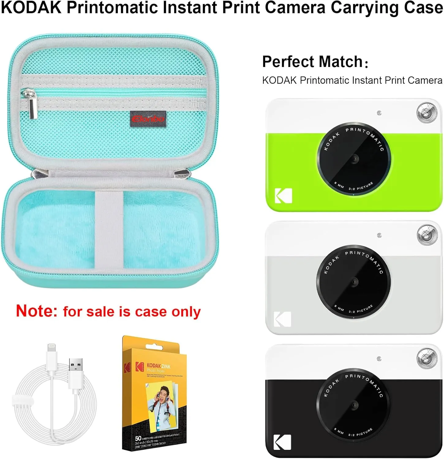 Elonbo Carrying Case for KODAK Printomatic Full-Color Instant Print Digital Camera, Portable Bluetooth Photo Printer Storage Holder Bag, ​Mesh Bag Fits Photo Paper SD Card USB Cable, Green