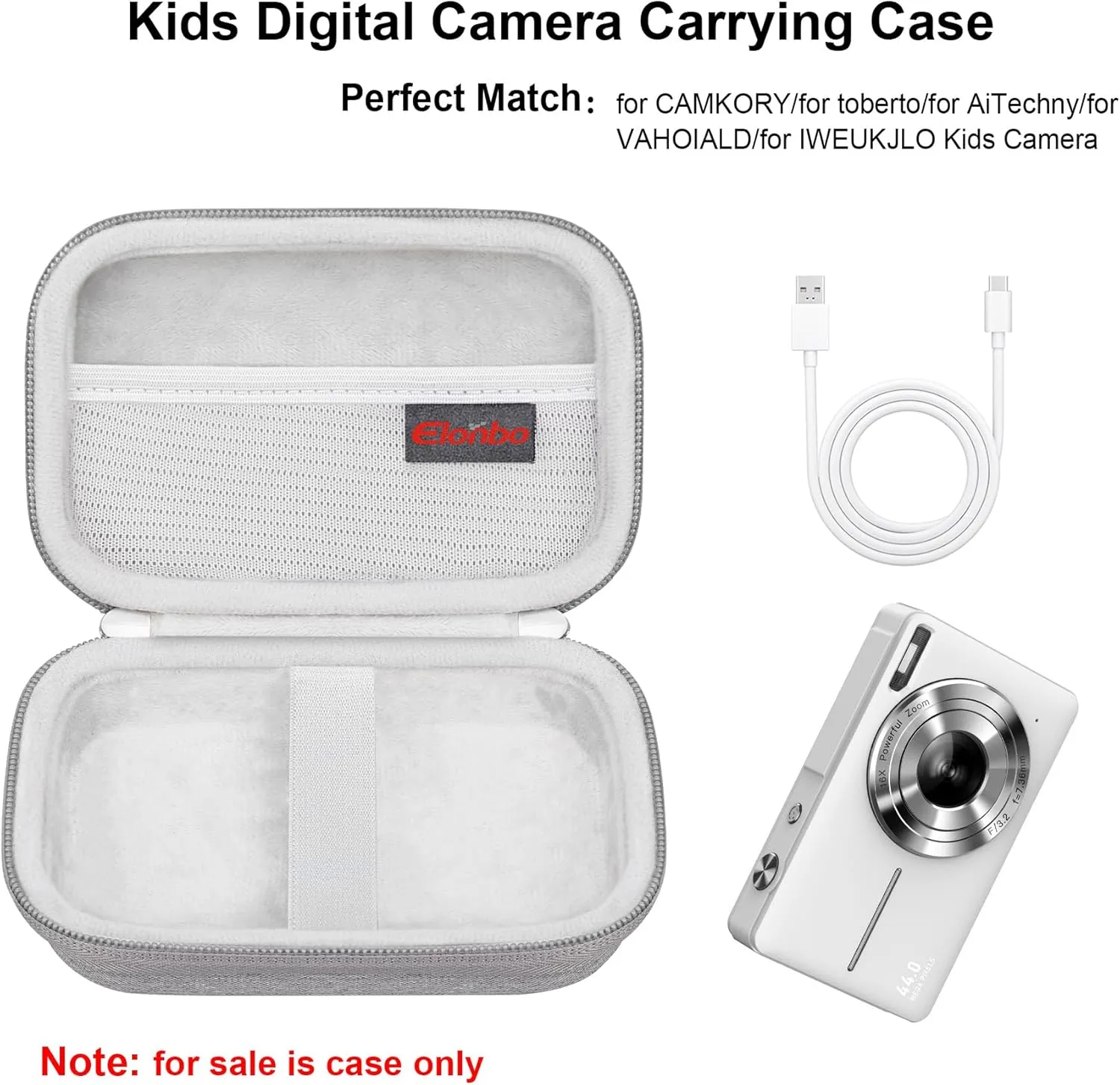 Elonbo Digital Camera Carrying Case for CAMKORY/for toberto/for AiTechny/for VAHOIALD/for IWEUKJLO FHD 1080P Camera, Boys Girls Kids Compact Small Camera Travel Storage Cover Protective Bag, Grey
