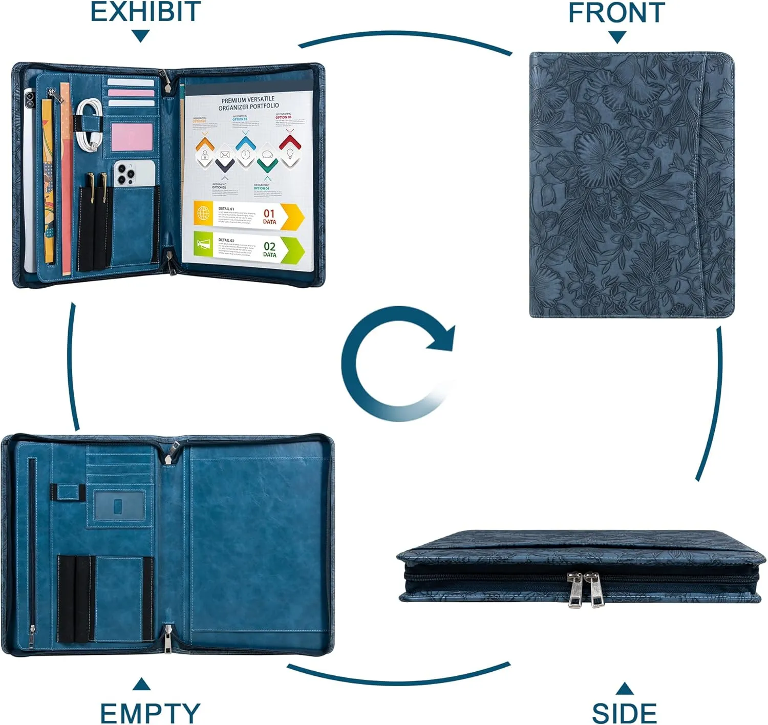 Embossed Vegan Leather Portfolio for Women,Professional Organize Padfolio with A4 Notepad Holder,Professional Business Document Organizer for Women (Blue)