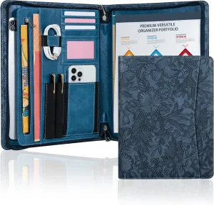 Embossed Vegan Leather Portfolio for Women,Professional Organize Padfolio with A4 Notepad Holder,Professional Business Document Organizer for Women (Blue)