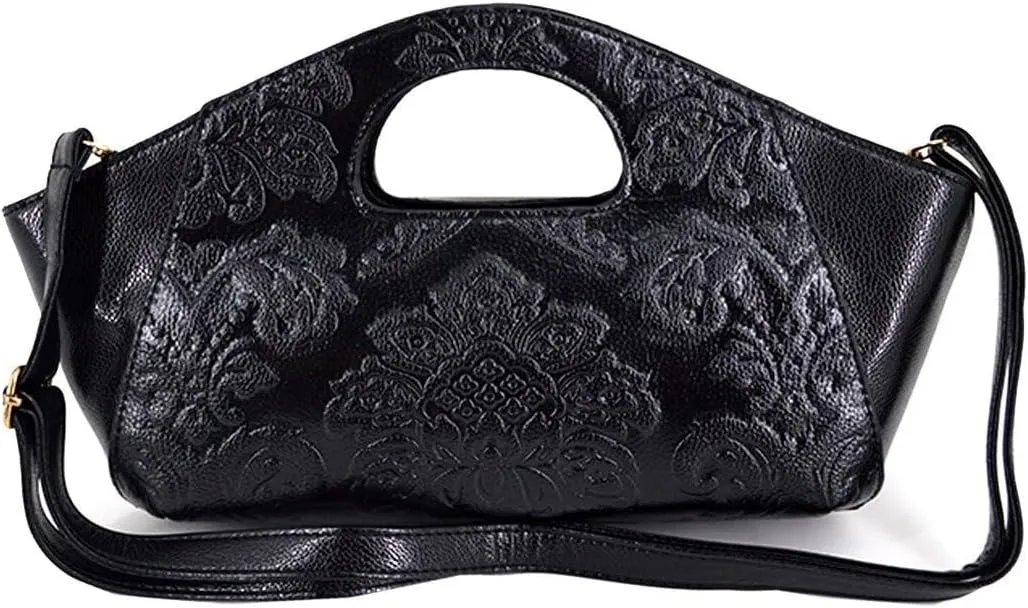 Embossing Floral Handbag Satchel Purse with Removable Strap Brown Womens Retro Shoulder Crossbody Tote