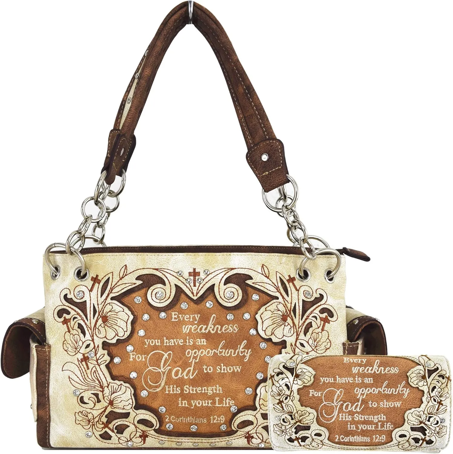 Embroidered Cross Scripture Bible Verse 2 Corinthians 12:9 Purse Studded Western Style Handbag Women Shoulder Bags Wallet Set