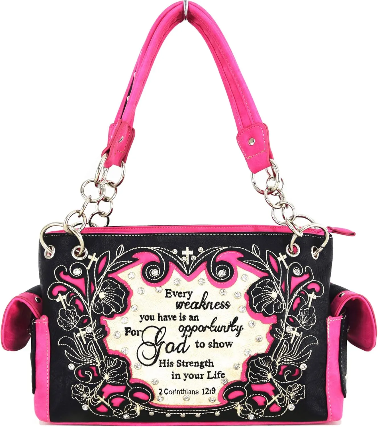 Embroidered Cross Scripture Bible Verse 2 Corinthians 12:9 Purse Studded Western Style Handbag Women Shoulder Bags Wallet Set