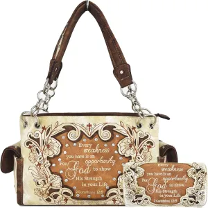 Embroidered Cross Scripture Bible Verse 2 Corinthians 12:9 Purse Studded Western Style Handbag Women Shoulder Bags Wallet Set