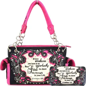 Embroidered Cross Scripture Bible Verse 2 Corinthians 12:9 Purse Studded Western Style Handbag Women Shoulder Bags Wallet Set