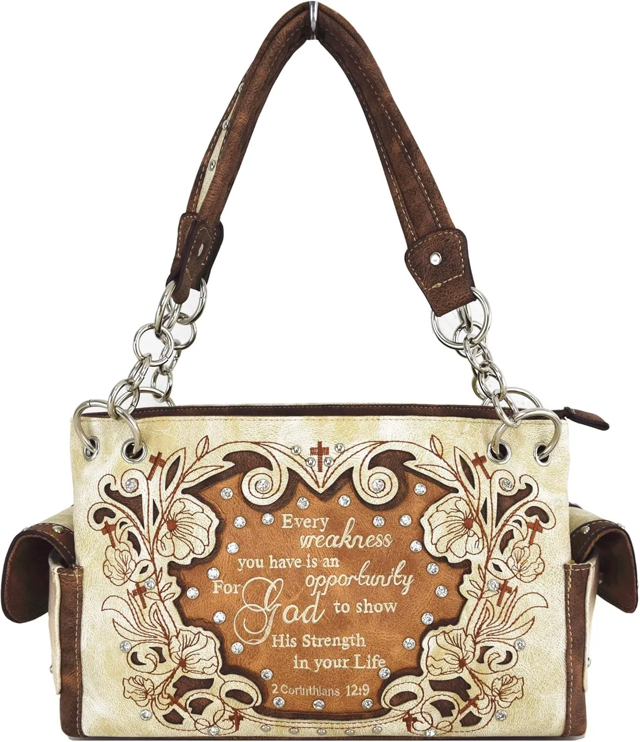 Embroidered Cross Scripture Bible Verse 2 Corinthians 12:9 Purse Studded Western Style Handbag Women Shoulder Bags Wallet Set