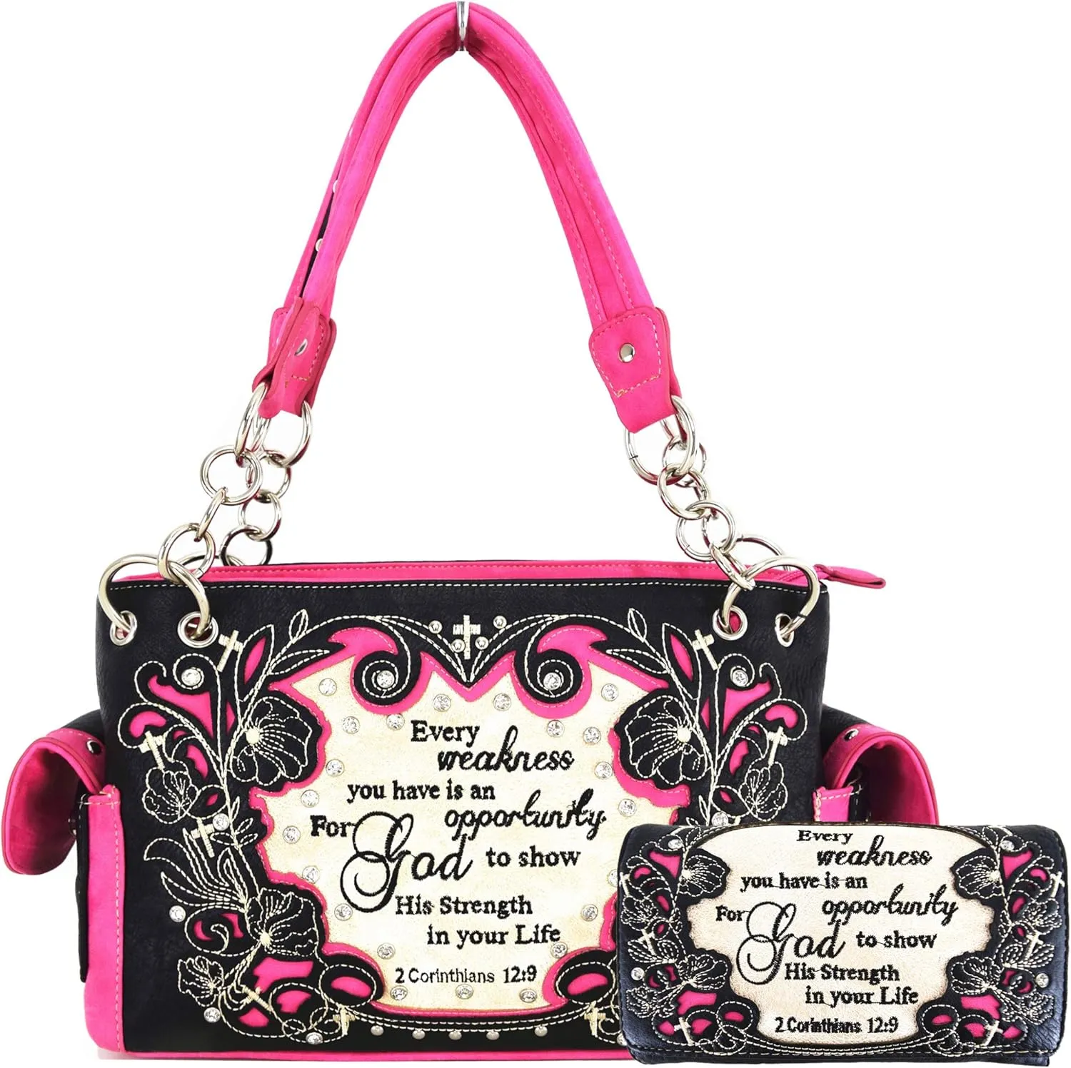 Embroidered Cross Scripture Bible Verse 2 Corinthians 12:9 Purse Studded Western Style Handbag Women Shoulder Bags Wallet Set