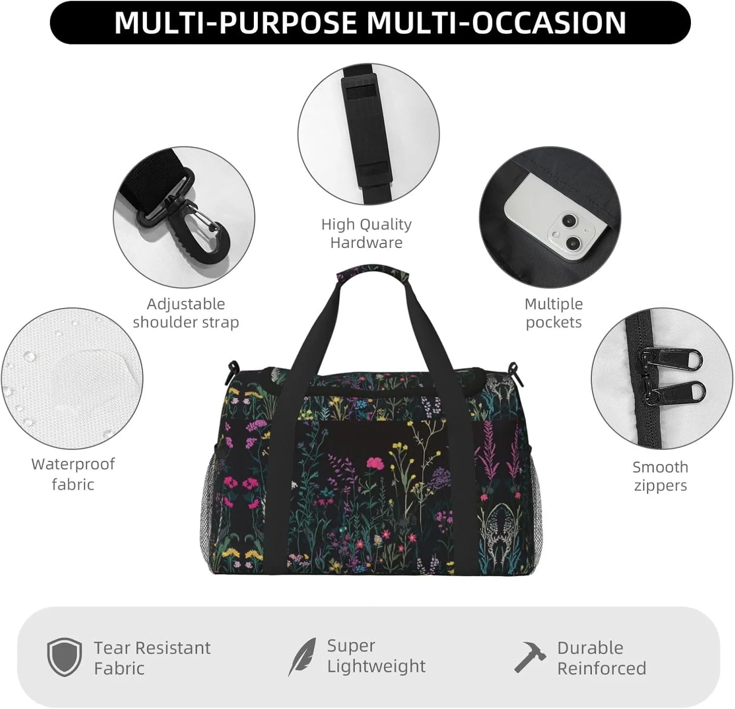 Embroidered Flowers Leaf Duffle Bag Foldable Travel Tote Bag Carry On Large Weekender Overnight Bags Waterproof Gym Bag For Women Men