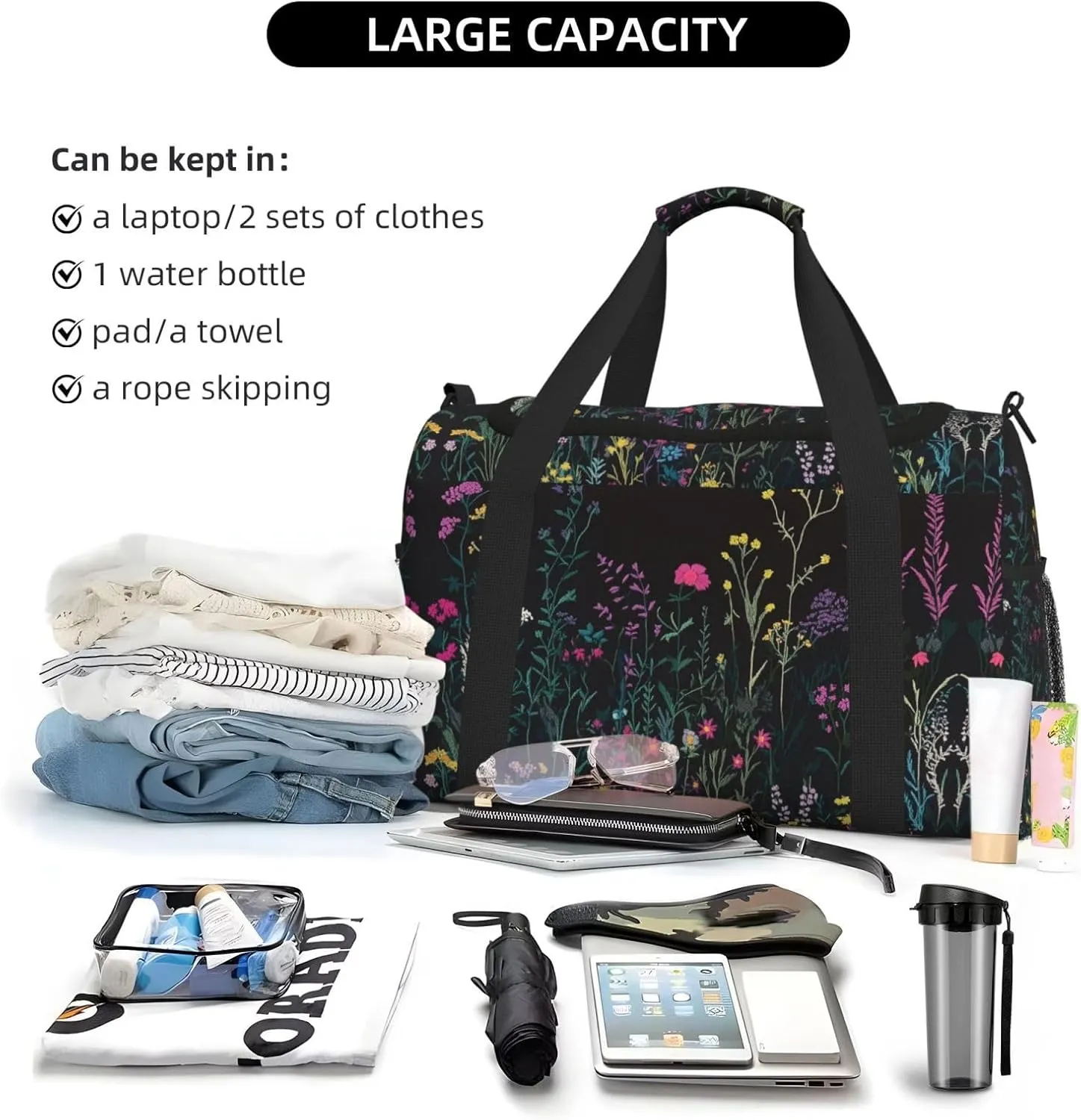 Embroidered Flowers Leaf Duffle Bag Foldable Travel Tote Bag Carry On Large Weekender Overnight Bags Waterproof Gym Bag For Women Men