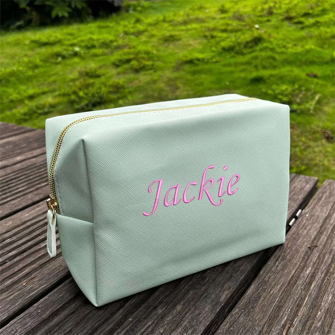 Embroidered Large Make up Bag,Personalized Skincare Bag,Cosmetic Travel Bags for Women Gift For Wedding,Set of, Green