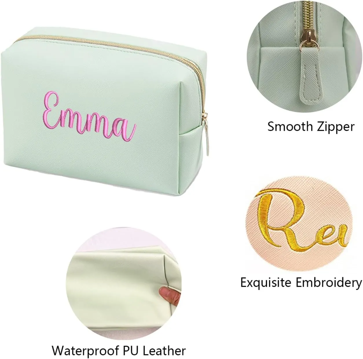 Embroidered Large Make up Bag,Personalized Skincare Bag,Cosmetic Travel Bags for Women Gift For Wedding,Set of, Green