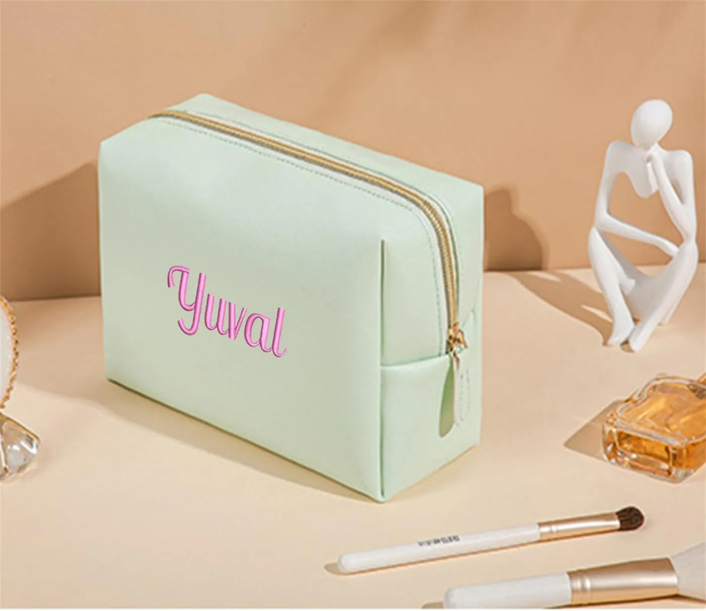 Embroidered Large Make up Bag,Personalized Skincare Bag,Cosmetic Travel Bags for Women Gift For Wedding,Set of, Green