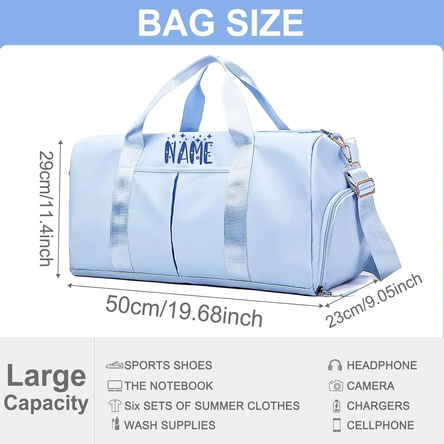 Embroidered Travel Duffel Bag Personalized Name Sports Gym Bags with Shoe Compartment Custom Carry On Overnight Weekender Bag for Women Men, Blue