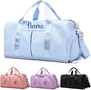 Embroidered Travel Duffel Bag Personalized Name Sports Gym Bags with Shoe Compartment Custom Carry On Overnight Weekender Bag for Women Men, Blue