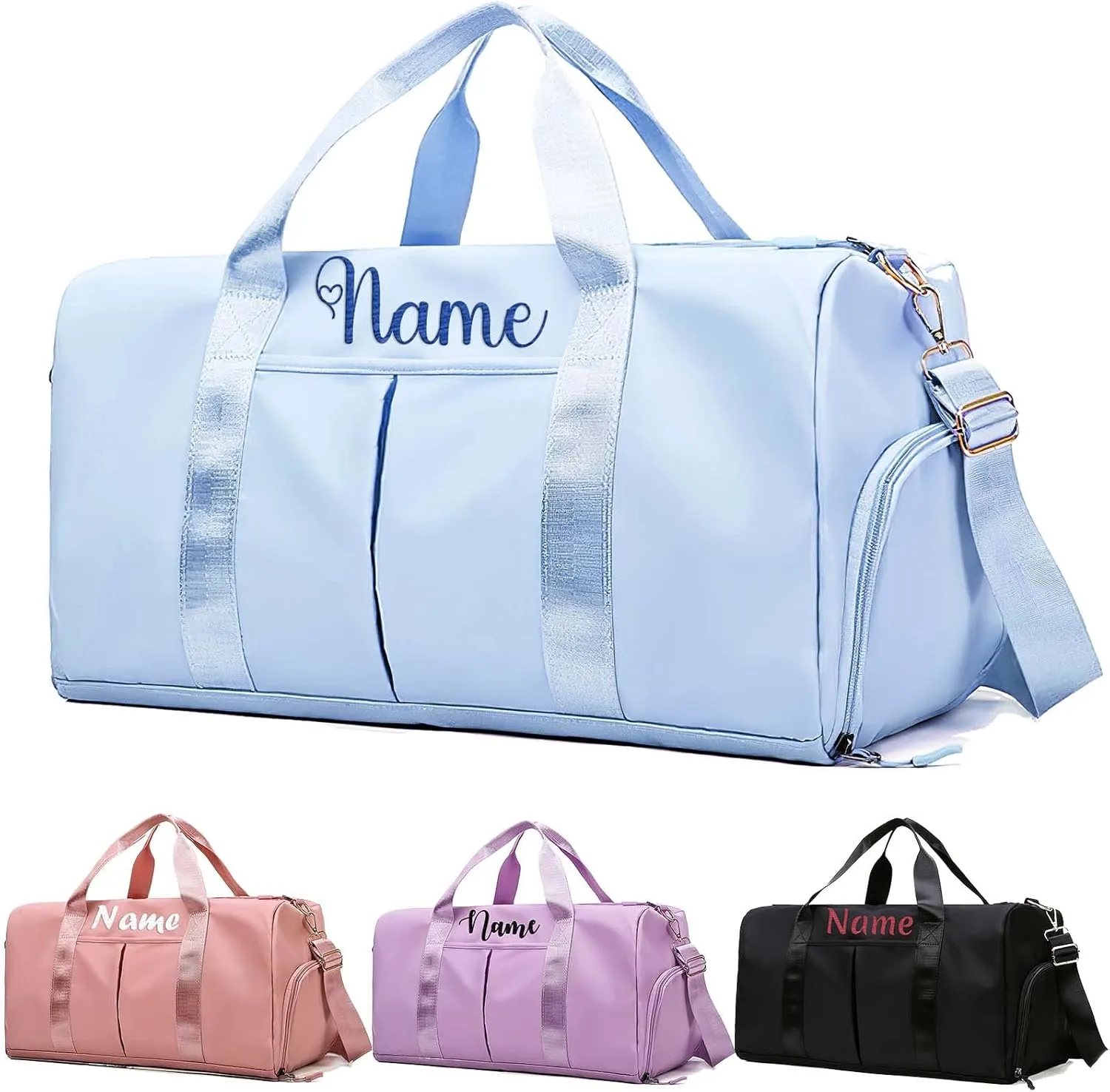 Embroidered Travel Duffel Bag Personalized Name Sports Gym Bags with Shoe Compartment Custom Carry On Overnight Weekender Bag for Women Men, Blue