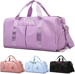 Embroidered Travel Duffel Bag Personalized Name Sports Gym Bags with Shoe Compartment Custom Carry On Overnight Weekender Bag for Women, Purple