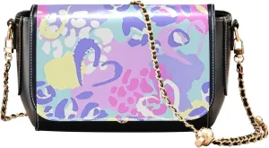 Embroidered Wavy Bohemian Print Women Crossbody Bag Purses Black Shoulder Leather Bags Handbags with Chain Strap