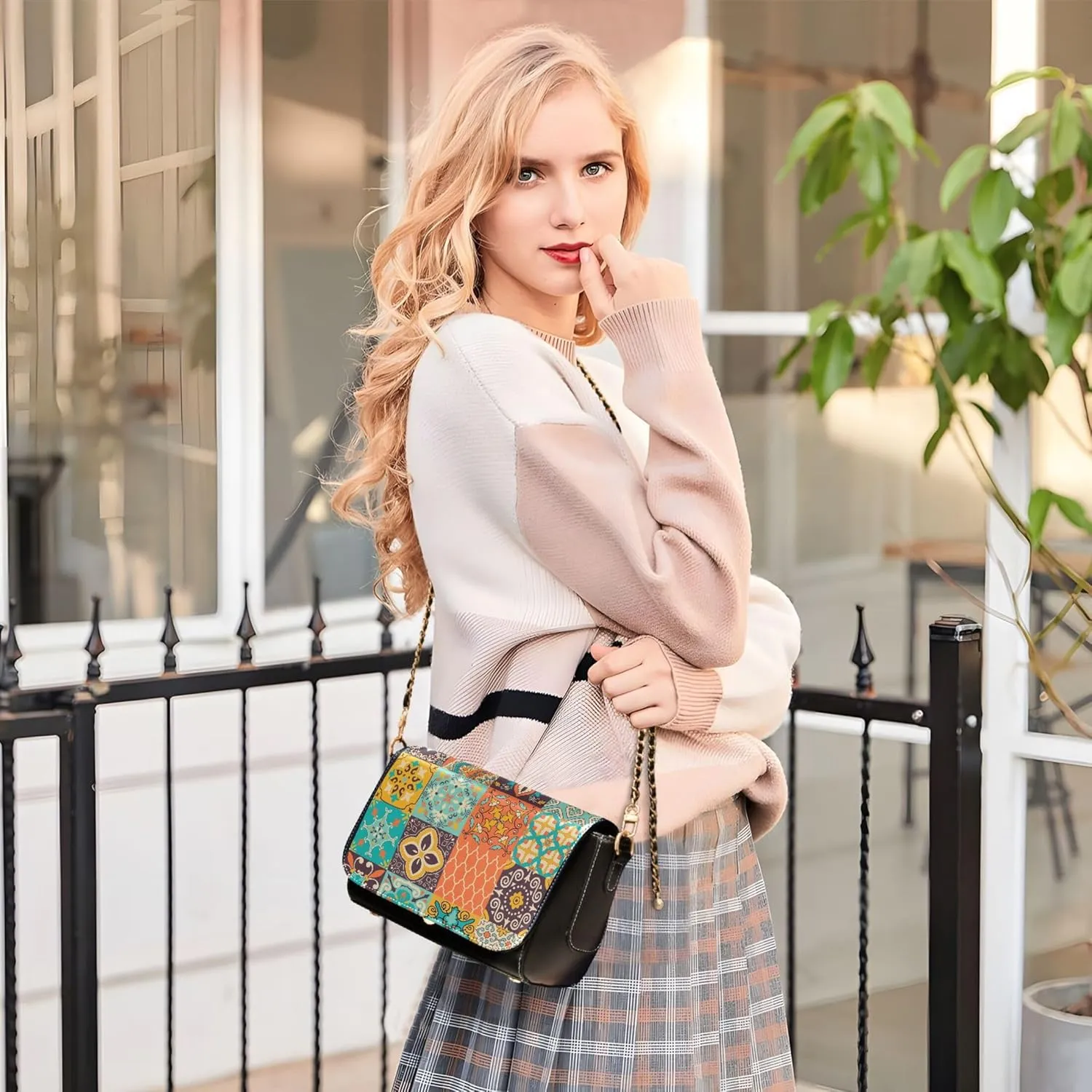 Embroidered Wavy Bohemian Print Women Crossbody Bag Purses Black Shoulder Leather Bags Handbags with Chain Strap