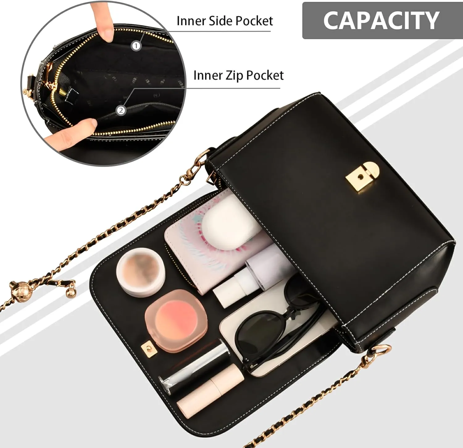 Embroidered Wavy Bohemian Print Women Crossbody Bag Purses Black Shoulder Leather Bags Handbags with Chain Strap