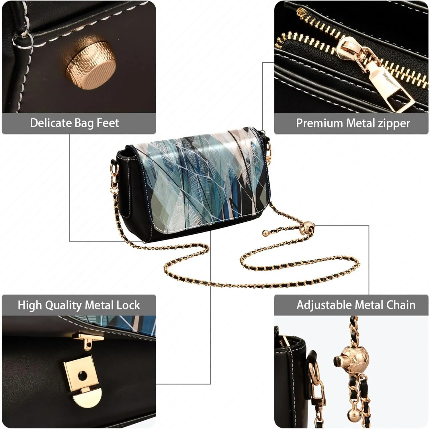 Embroidered Wavy Bohemian Print Women Crossbody Bag Purses Black Shoulder Leather Bags Handbags with Chain Strap