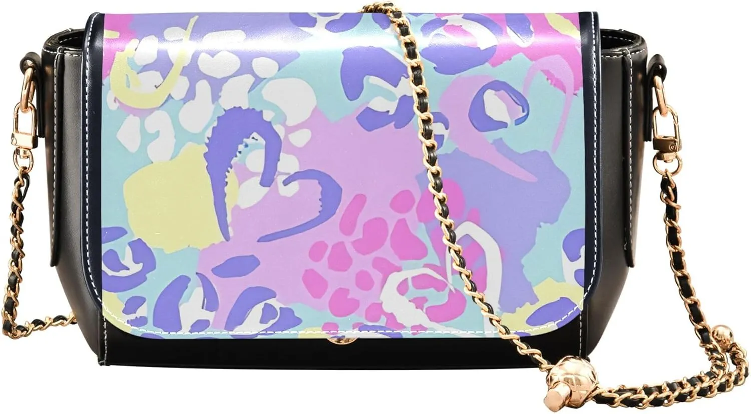Embroidered Wavy Bohemian Print Women Crossbody Bag Purses Black Shoulder Leather Bags Handbags with Chain Strap
