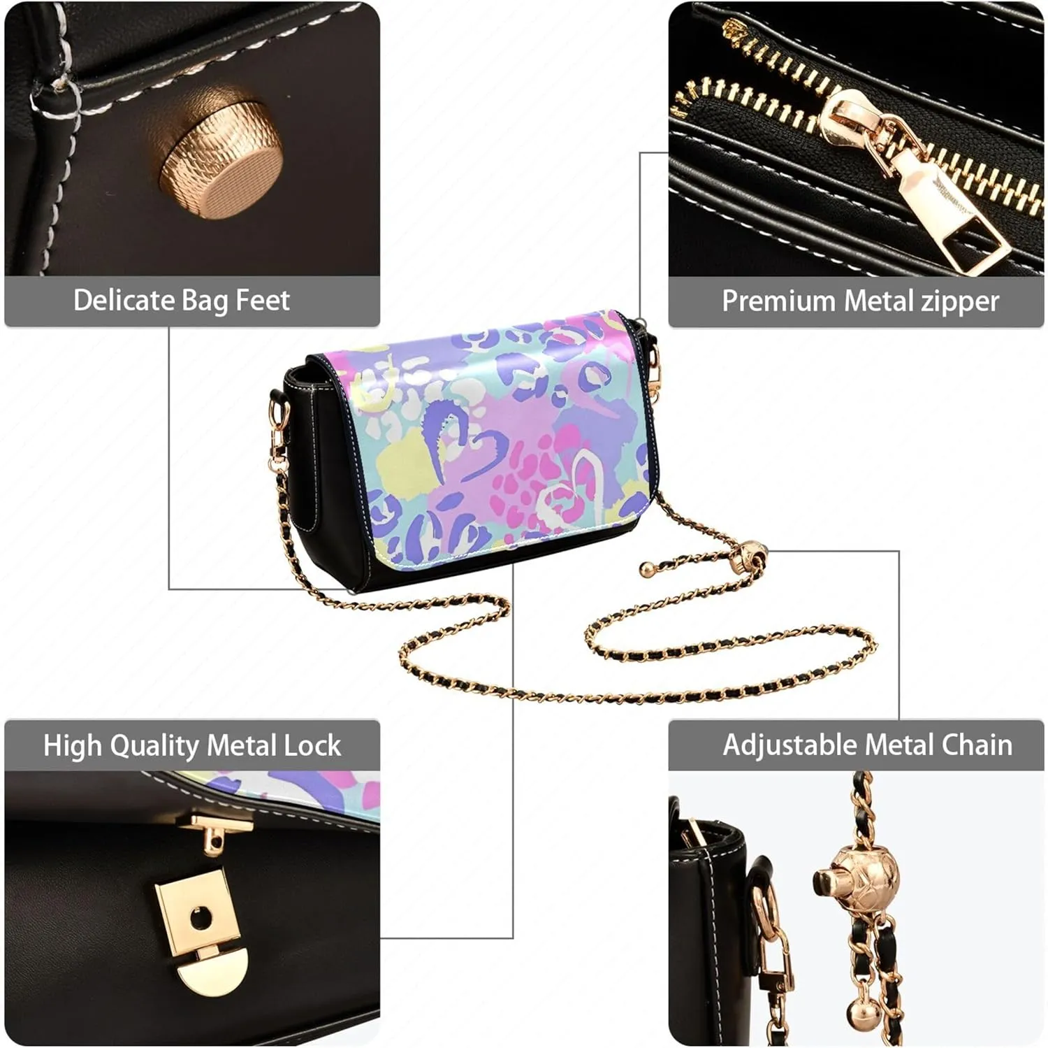 Embroidered Wavy Bohemian Print Women Crossbody Bag Purses Black Shoulder Leather Bags Handbags with Chain Strap