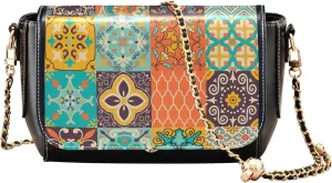 Embroidered Wavy Bohemian Print Women Crossbody Bag Purses Black Shoulder Leather Bags Handbags with Chain Strap